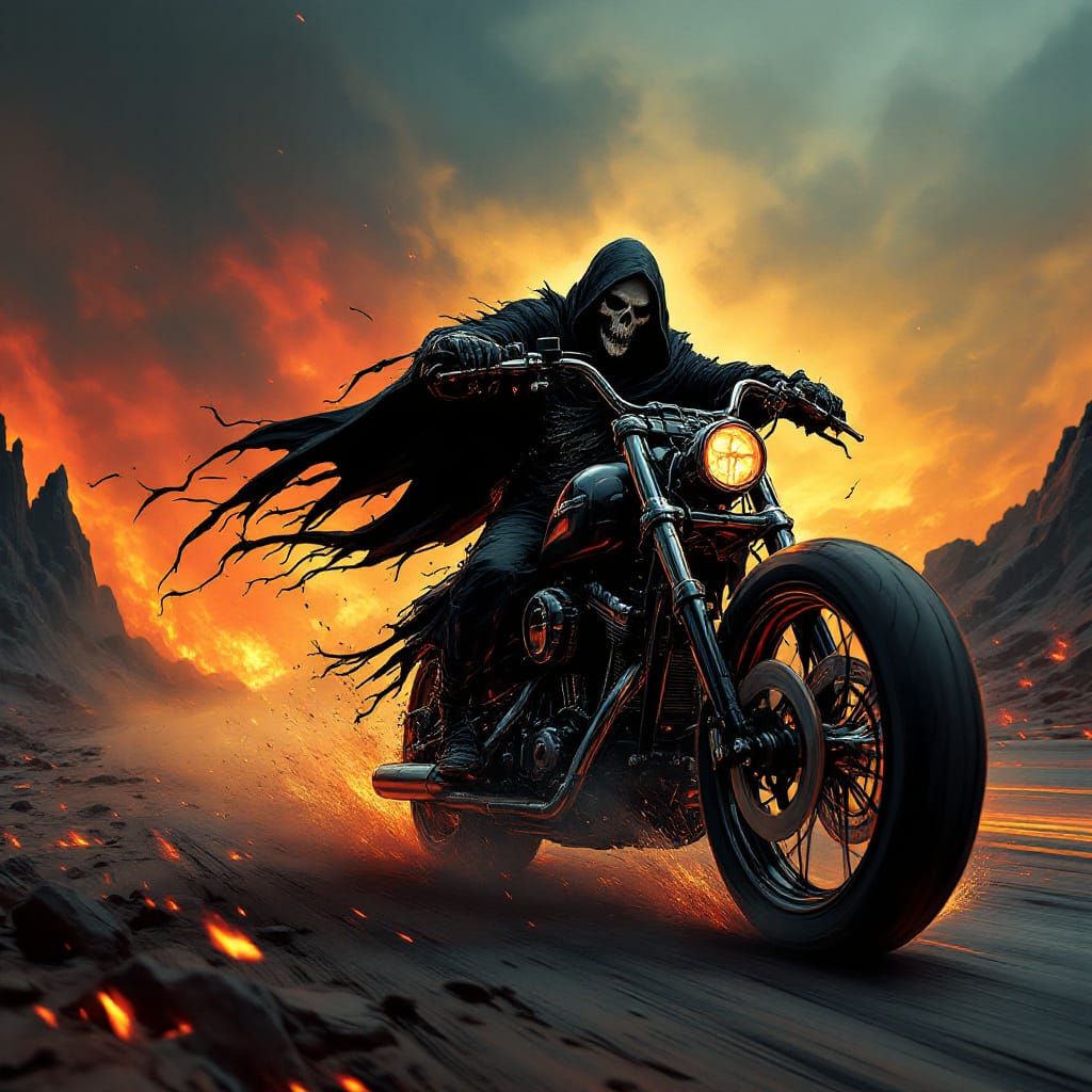 Grim Reaper Rides Harley Through Hellscape