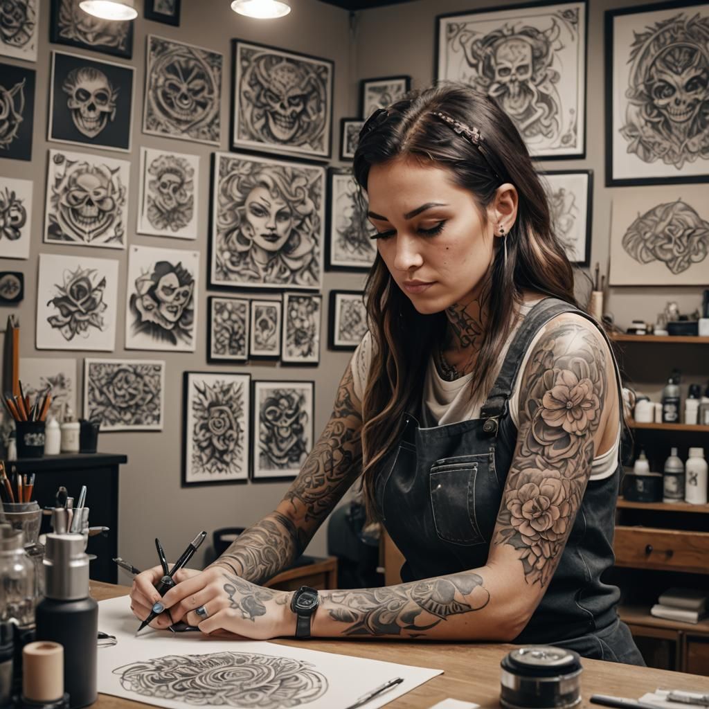 Tattoo Artist Sketching Design in Studio: Matte Painting