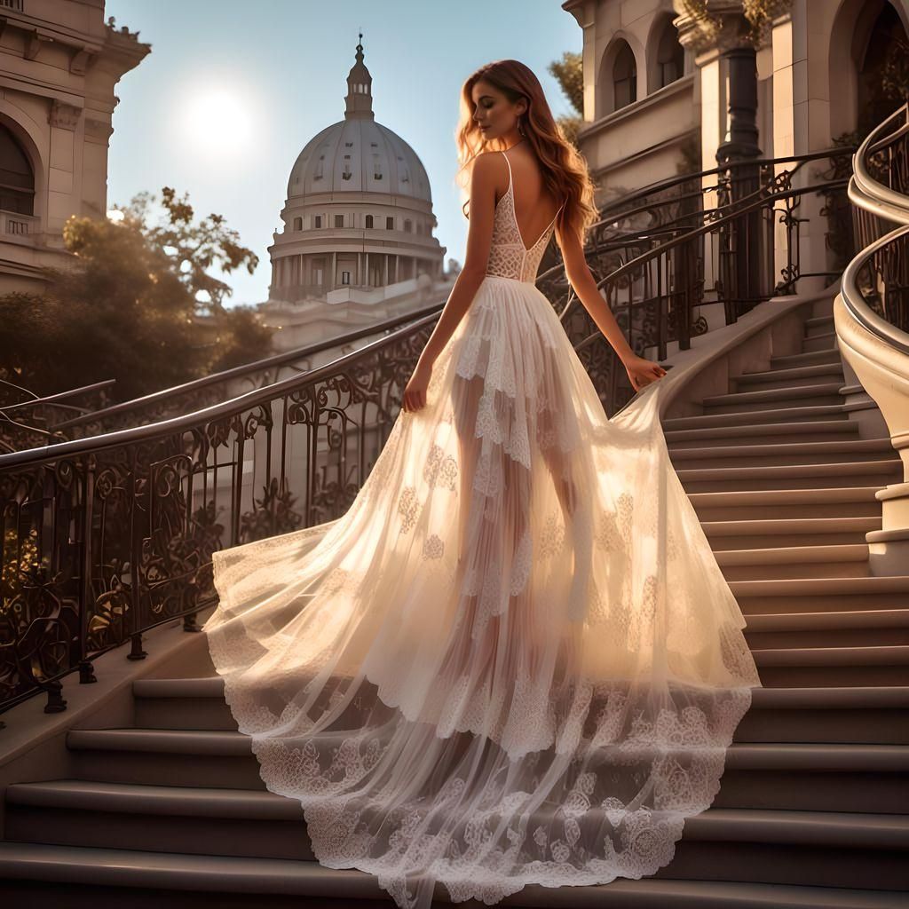 Woman in Sheer Lace Gown, 80s Fashion Portrait
