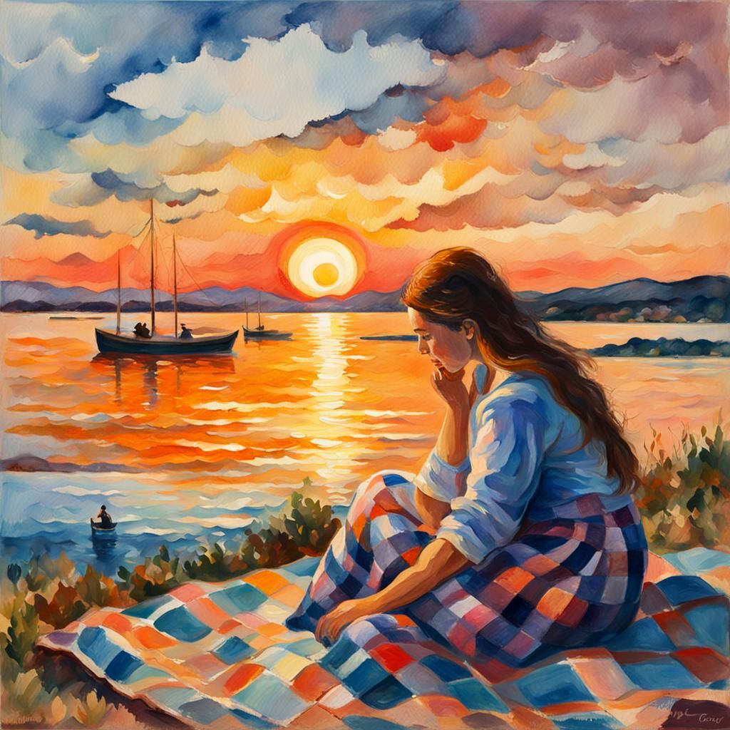 Impressionist Sunset Over Bay in Gouache Style
