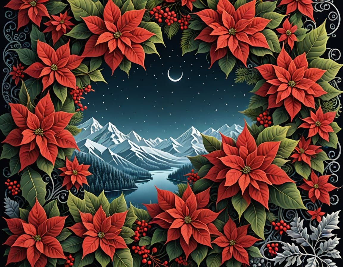 Glowing Red Poinsettia Christmas Wreath in Intricate Digital...