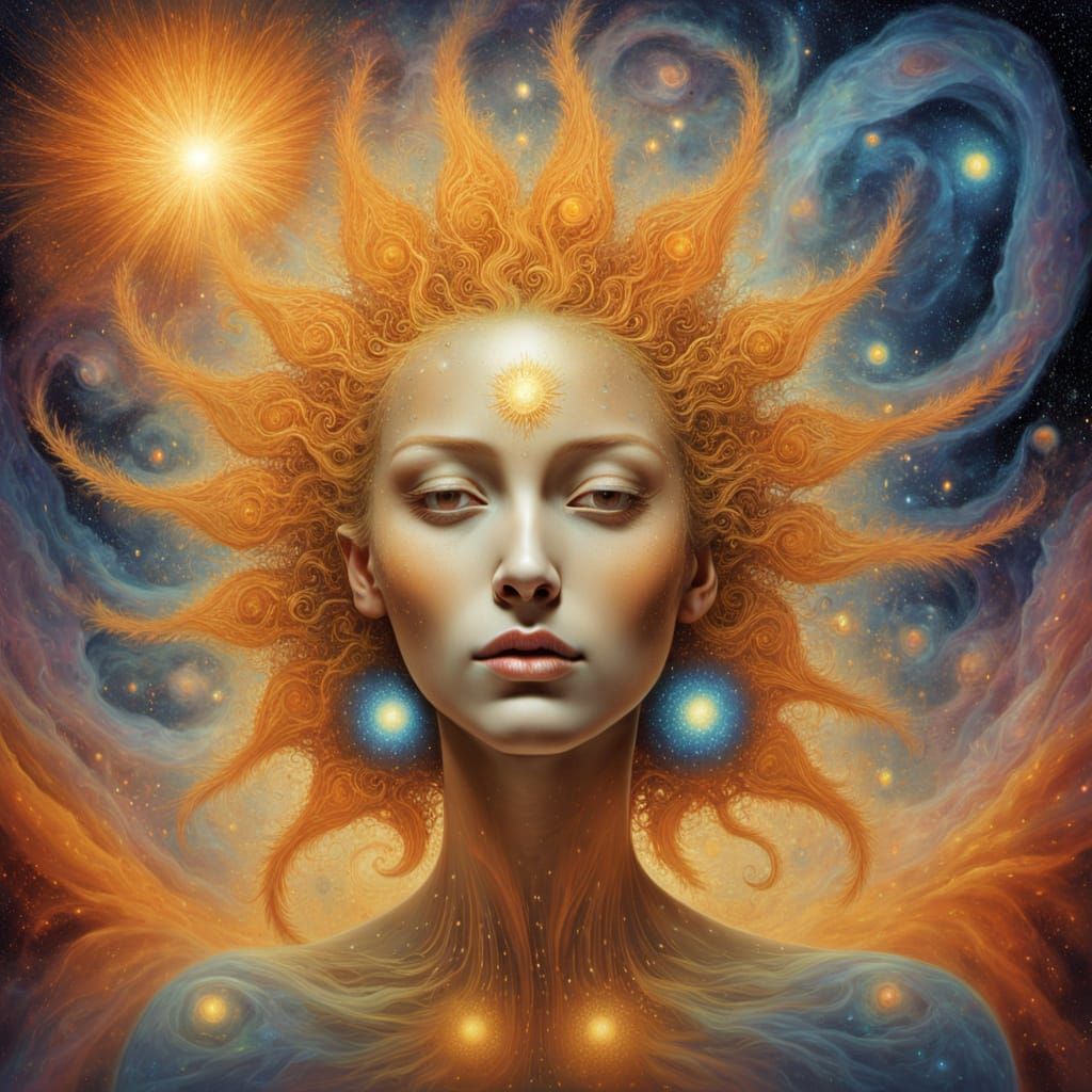 Soul as Radiant Sun in Cosmic Void, Oil Painting