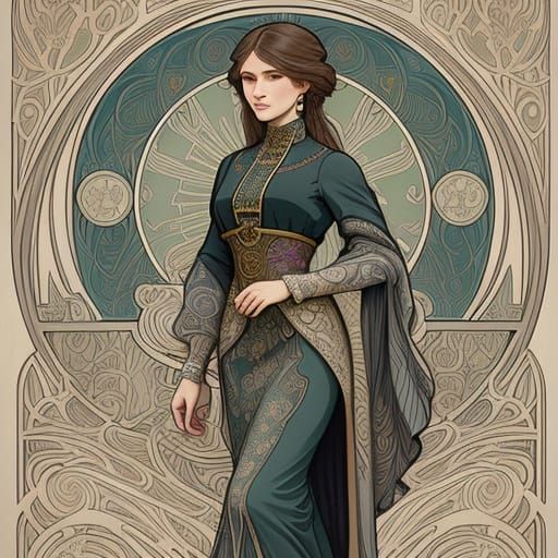 Art Nouveau Woman with Skateboard in Ornate City