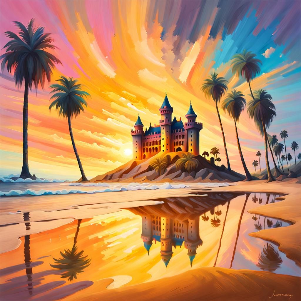 Sandcastle at Sunrise: Surreal Digital Illustration