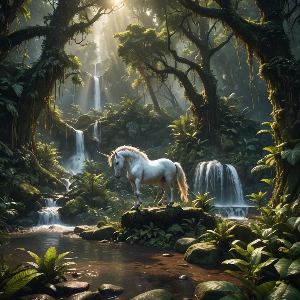 Unicorn in Rainforest Waterfall: Fantasy Concept Art