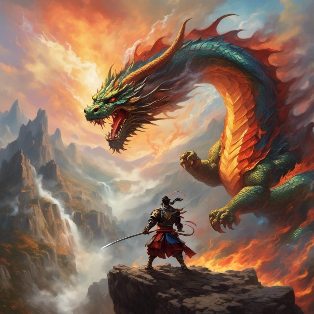 Samurai Battles Rainbow Dragon Amidst Mystic Mountains