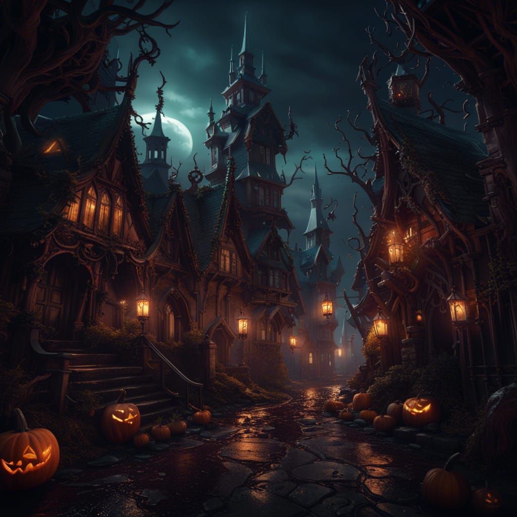 Demonic Eldritch Halloween Town in Detailed Matte Painting