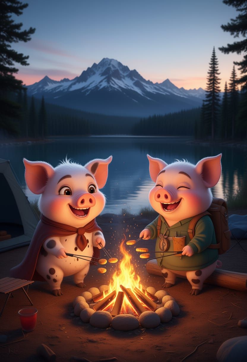 Pigs Enjoy S'mores by Campfire in Sierra Nevada