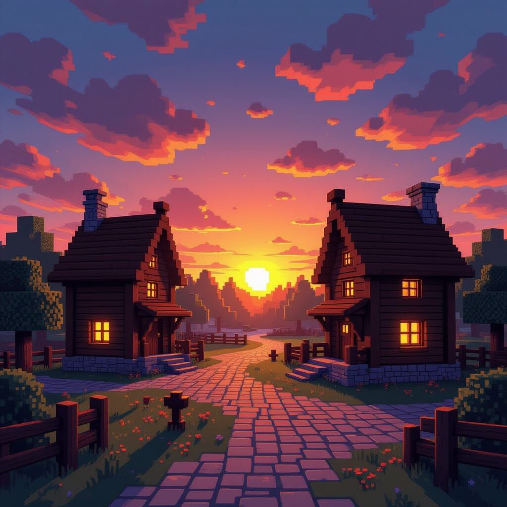 Minecraft Village Sunset Digital Painting