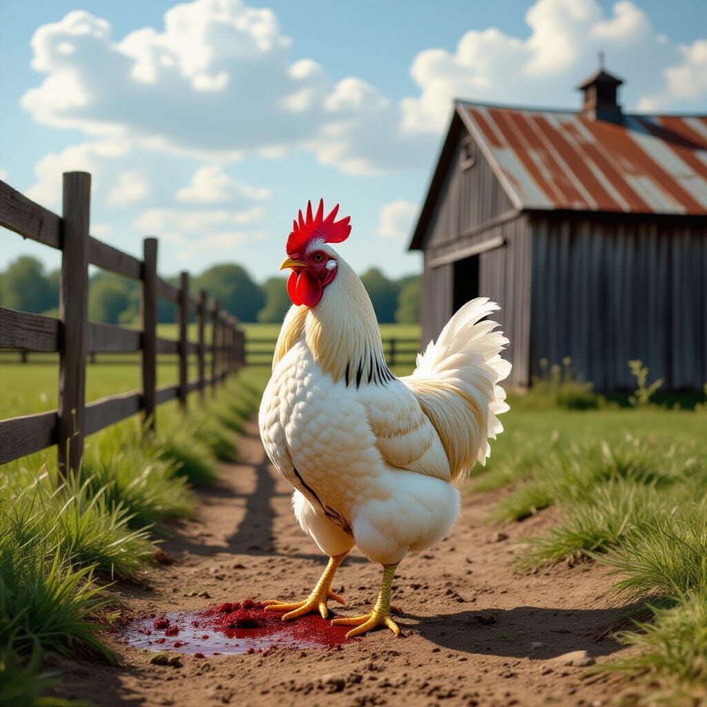 Headless Chicken in Farmyard, Surreal Rural Scene