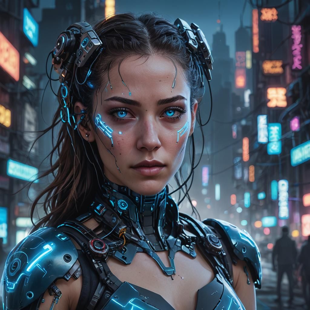 Cyberpunk Cyn Portrait in Neon Lit Cityscape