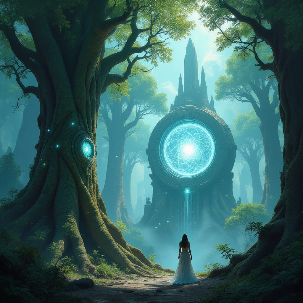 Quantum-Core Dryad in Elven Forest City Matte Painting