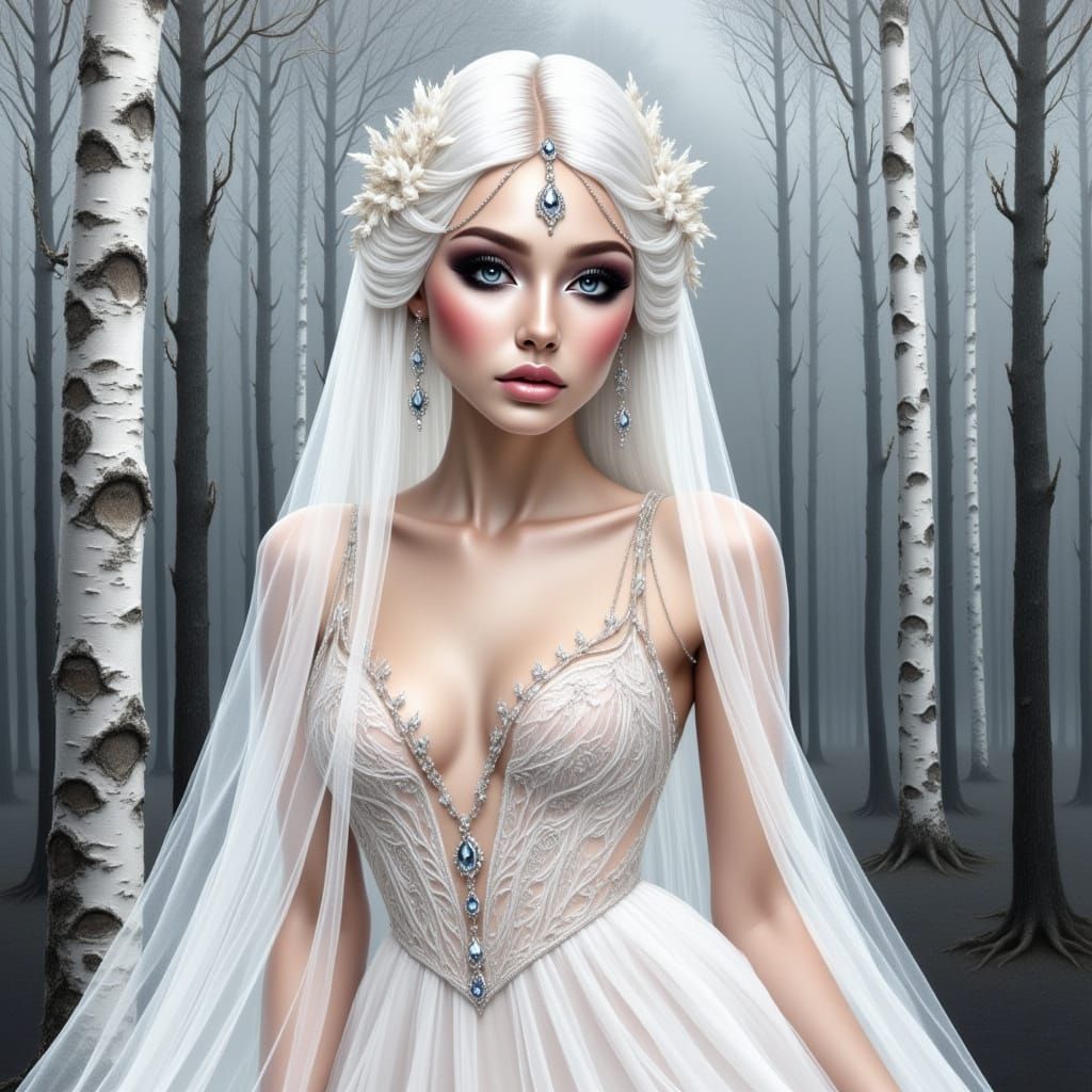 Elegant Woman in White Dress, Watercolor Acrylic Style