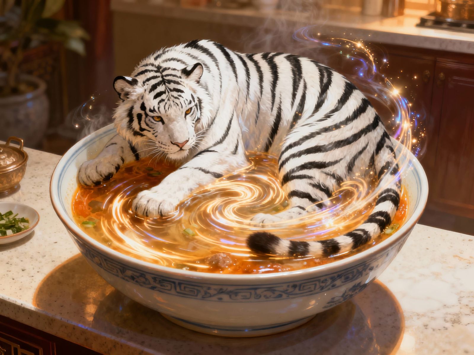 Fantasy Mountain Lion Soup Bowl on Counter