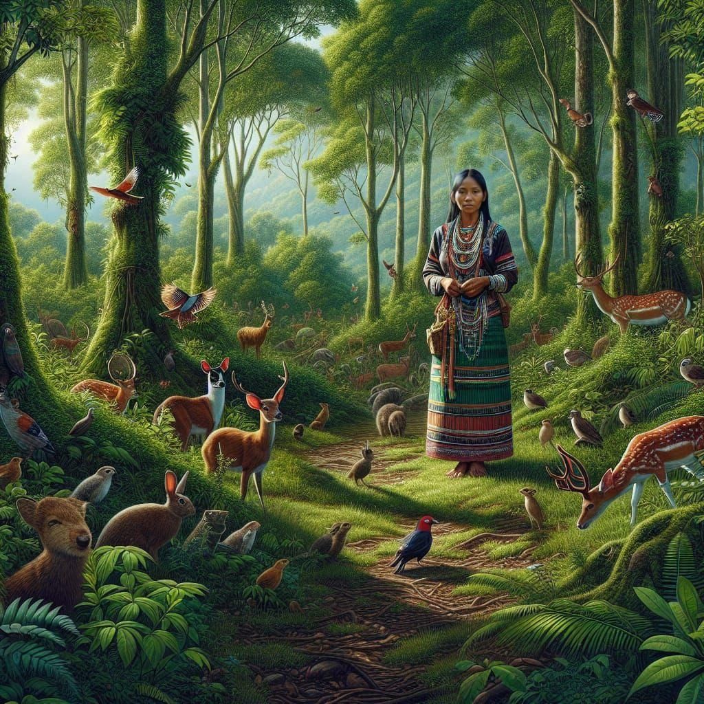 Arawak Woman in Lush Forest with Animals