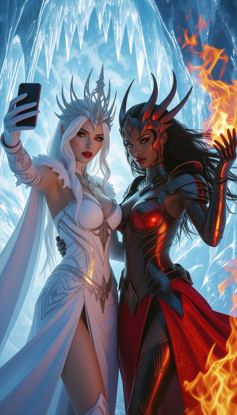 Ice and Fire Goddesses Take Selfie in Sci-Fi Fantasy Scene