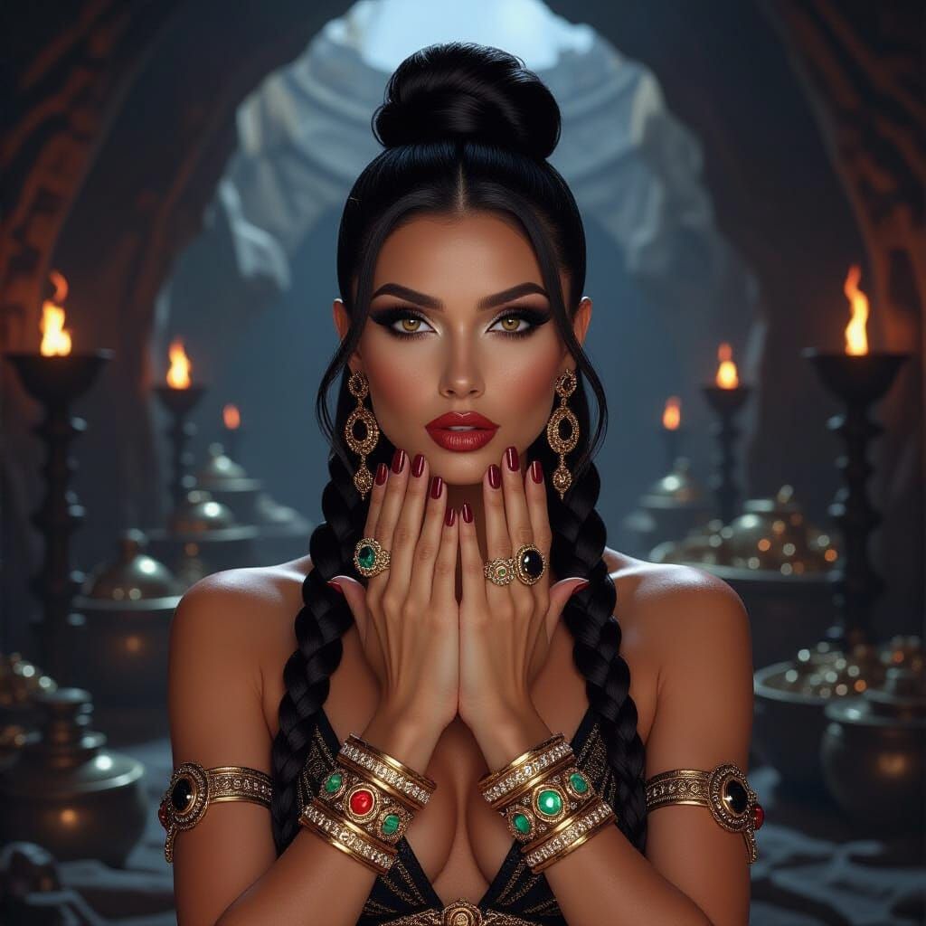 Hypnotized Woman in Dark Fantasy Regalia