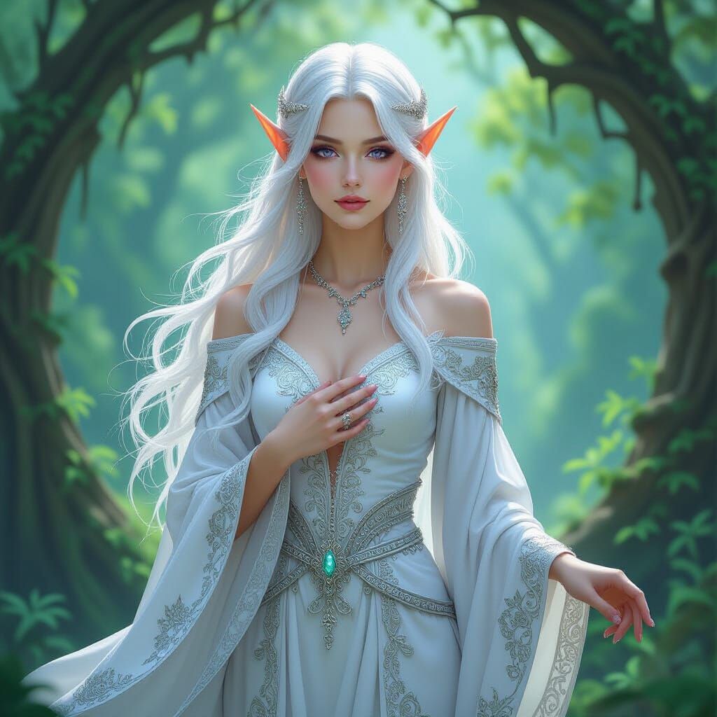 Ethereal Elf with Silver Robes in Art Nouveau Style