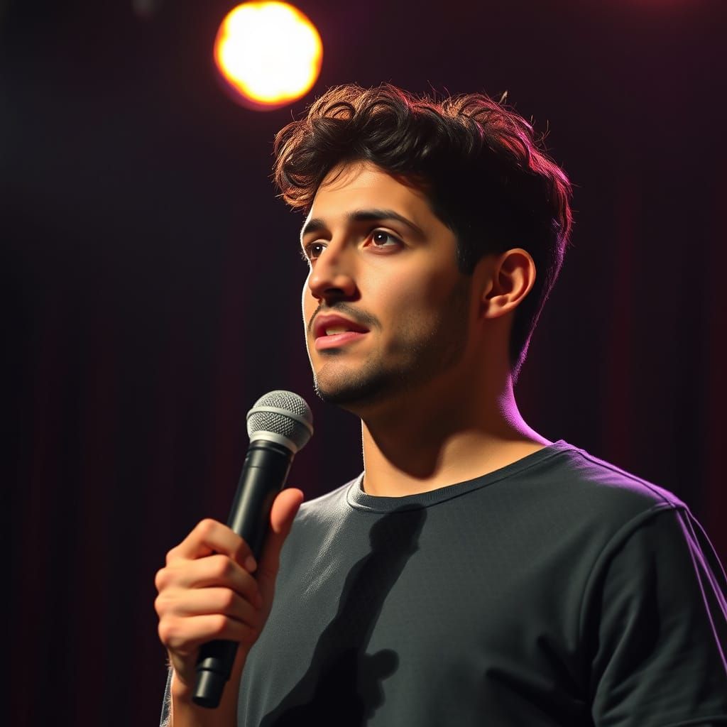 Comedian Delivers Jokes in Vibrant Digital Art Style