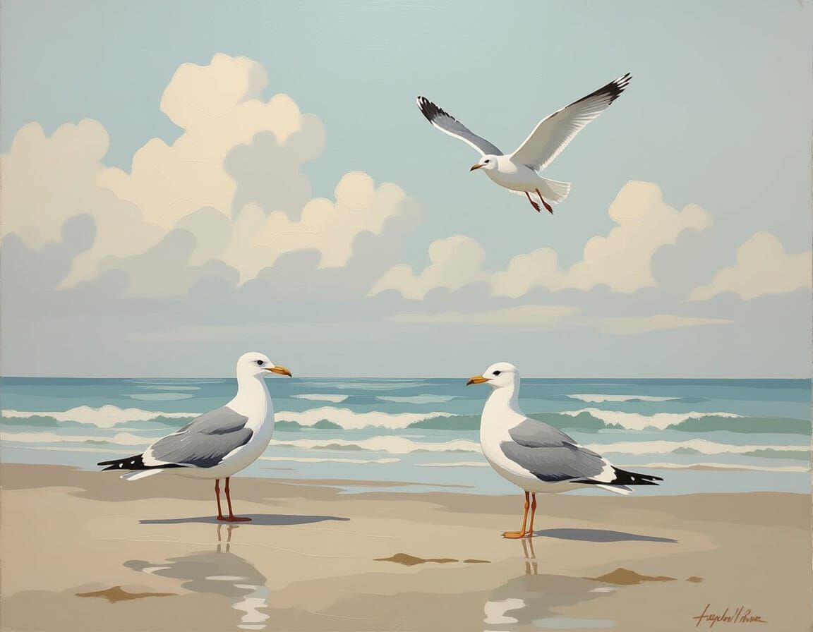 Seagulls on Beach in Textured Mixed Media Style
