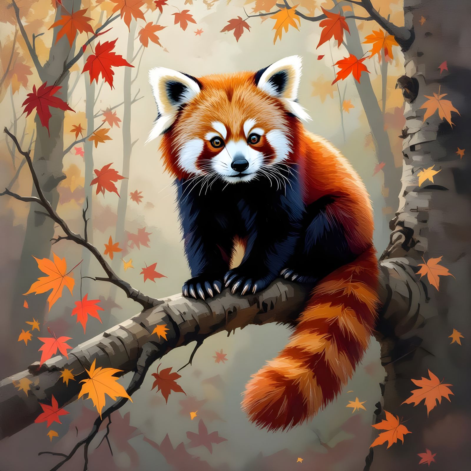 Painterly Red Panda in Autumn Forest