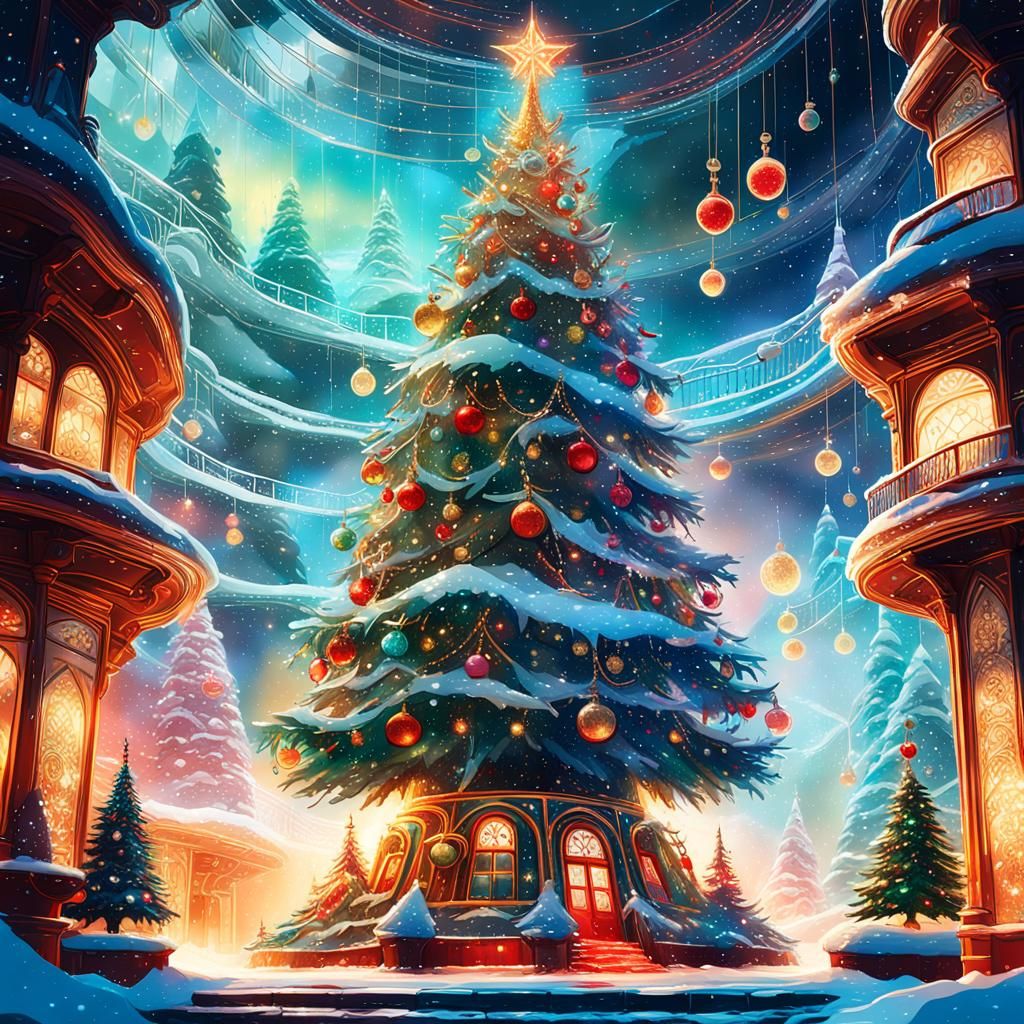 Glowing Christmas Tree in Art Nouveau Style