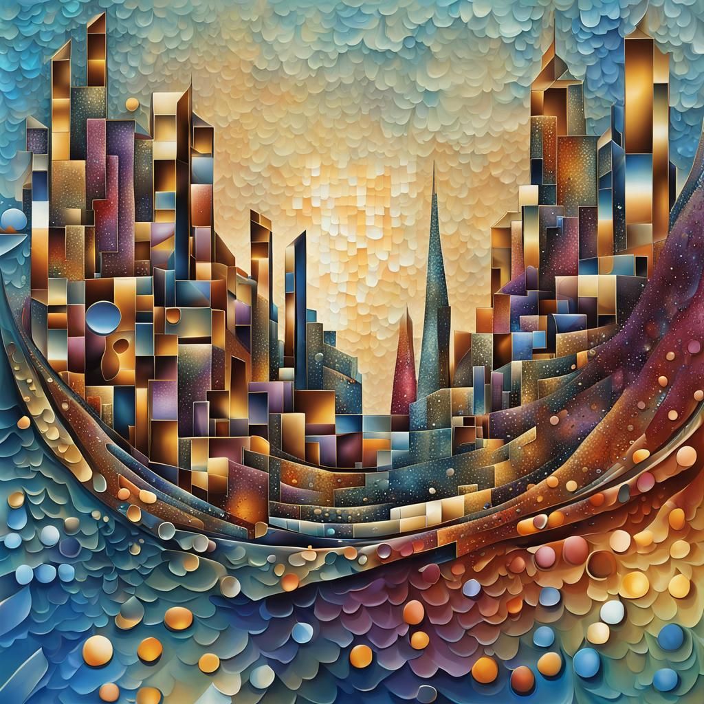 Abstract Cubist Cityscape with Metallic Accents
