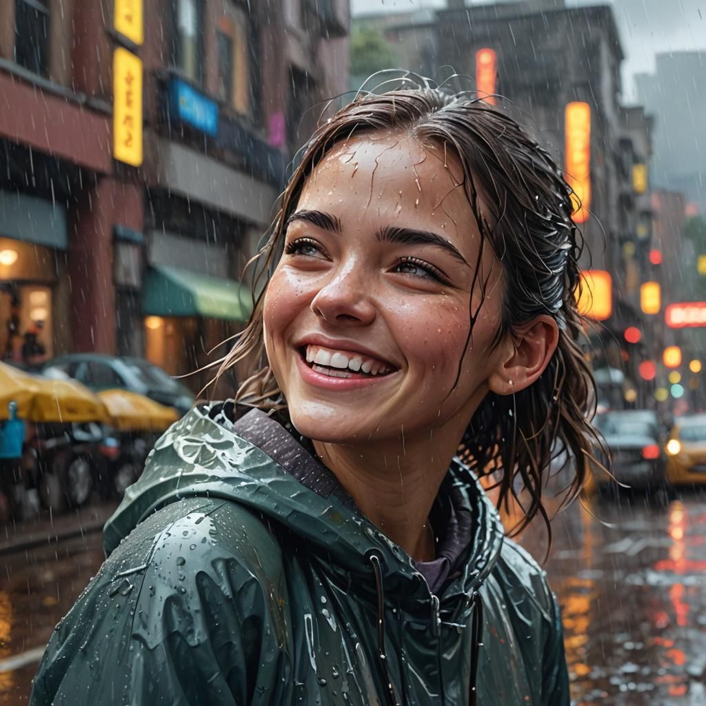 Hyperrealistic Girl Smiling in the Rain