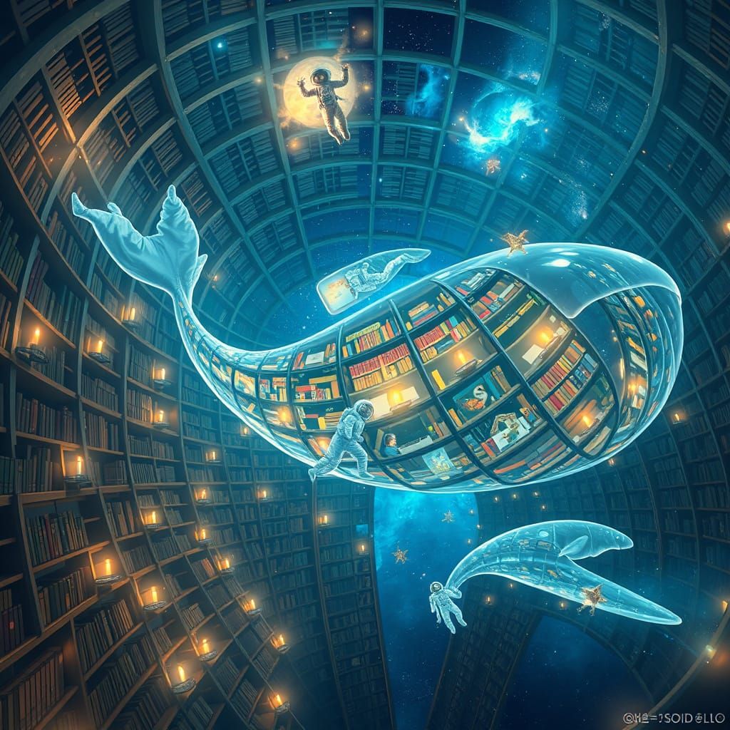 Cosmic Library Inside a Space Whale in Hyperrealism