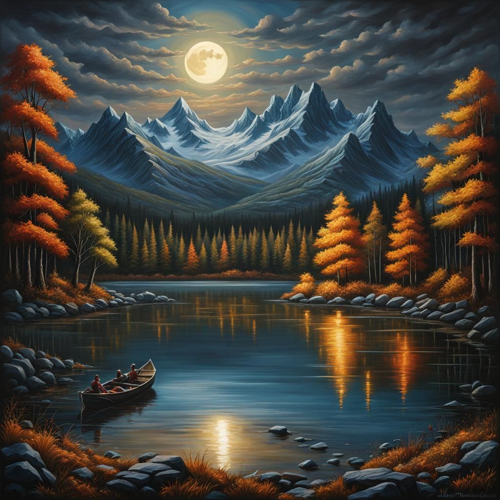 Fantasy Lake at Night Under Full Moon