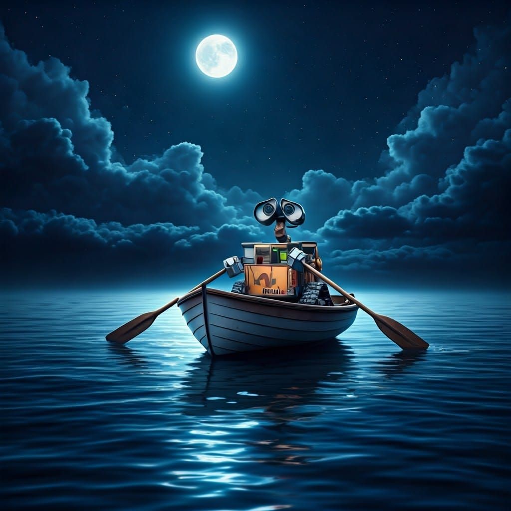 WALL-E Rows a Boat on Glowing Lake