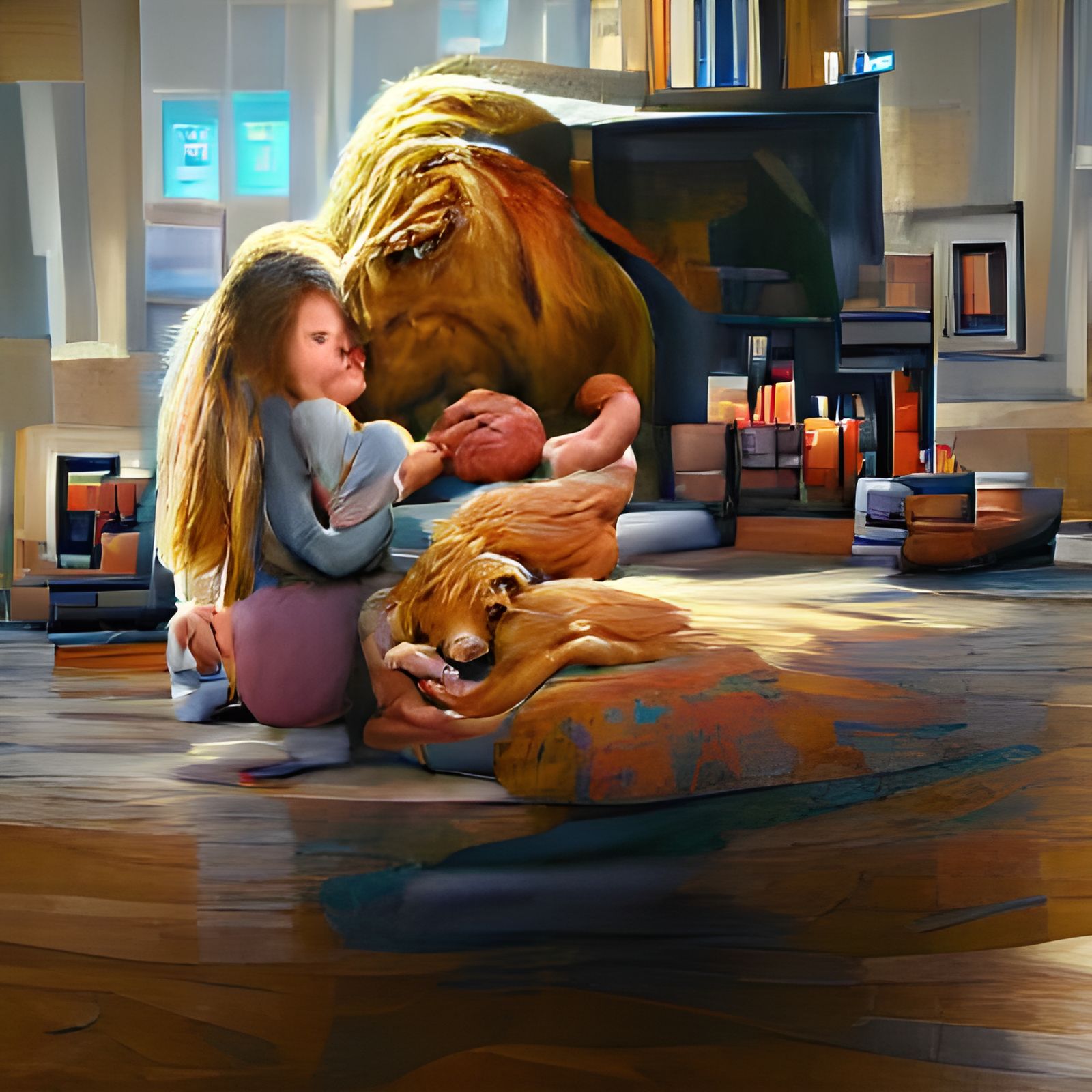 Gentle Beast Comforting Child, Pixar-style Scene