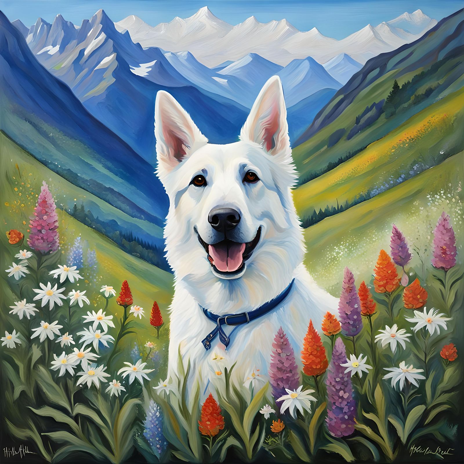 White Shepherd in Swiss Alps, Beatrix Potter Style