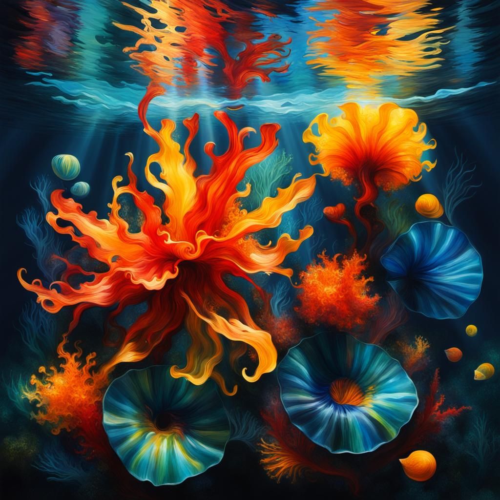 Underwater Scene of Boy Swimming in Abstract Style