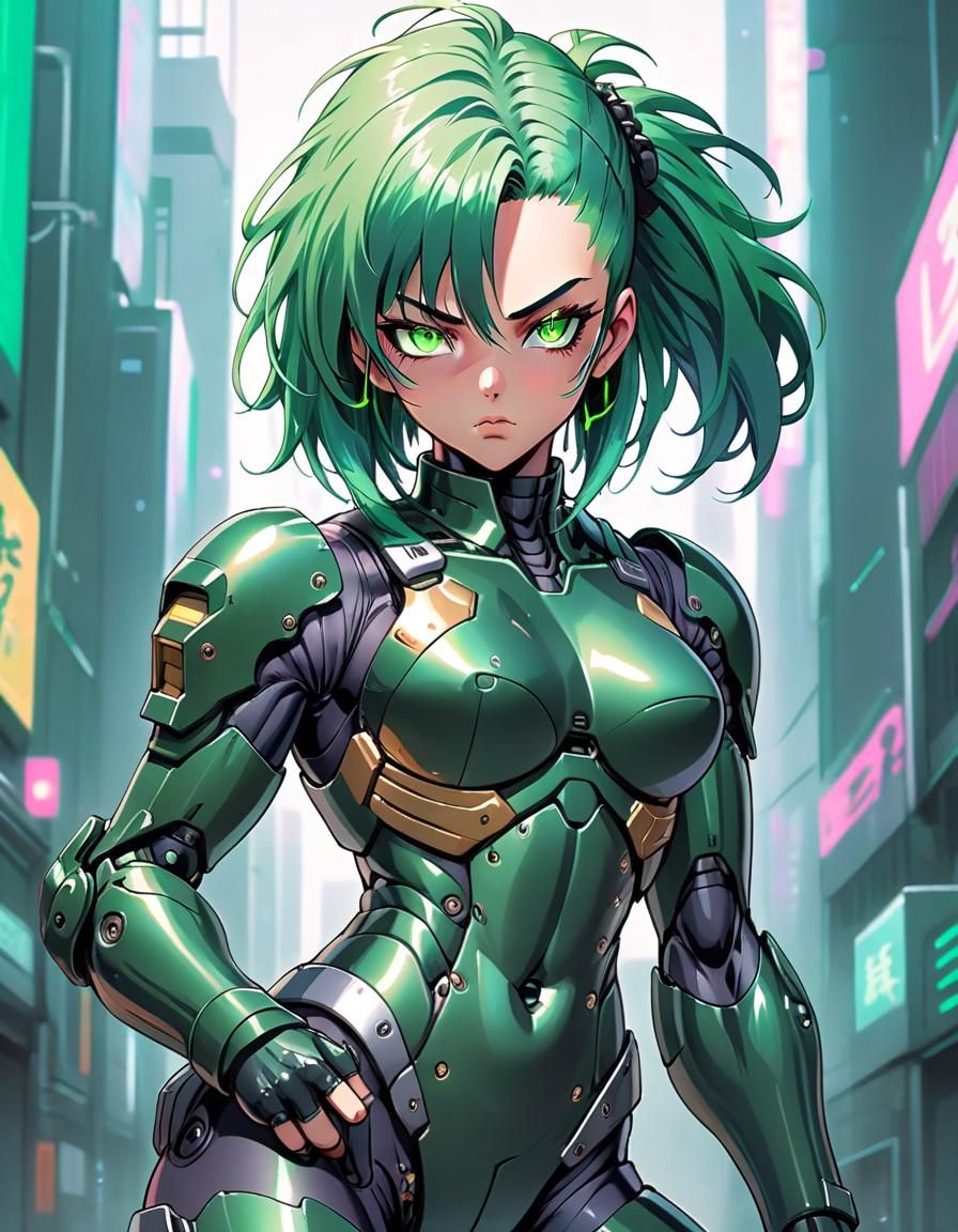 Armored Cyberpunk Woman in 80s Anime Style