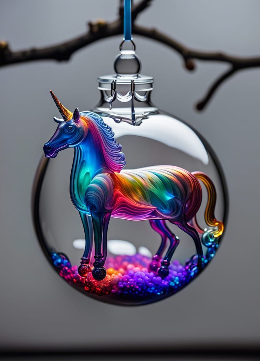 Rainbow Unicorn Glass Ornament with Plasma Lights
