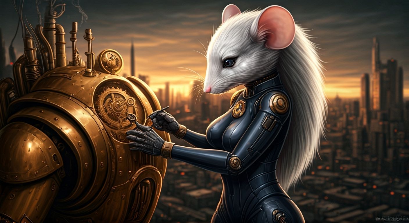 Steampunk Mouse Mechanic in Retrofuturistic Metropolis