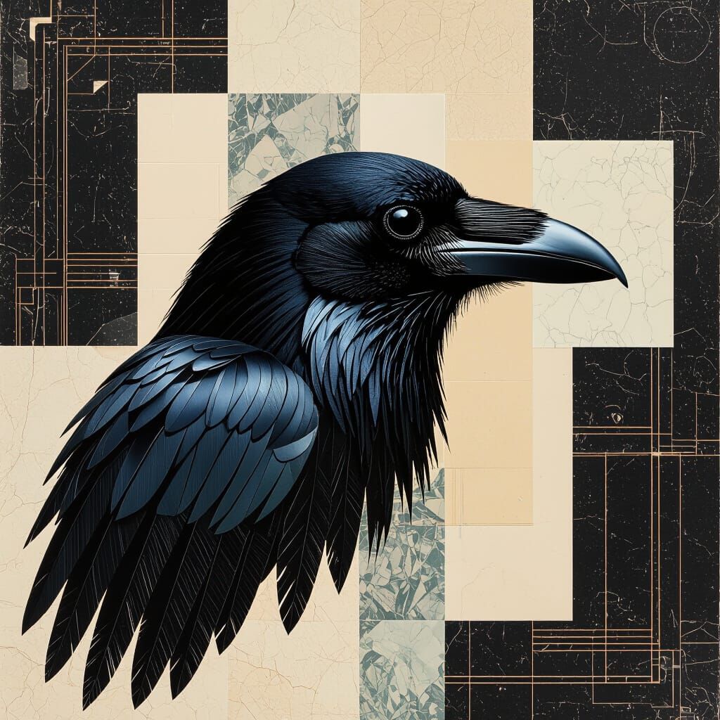 Wire Sculpture of Spectral Raven with Art Deco Background