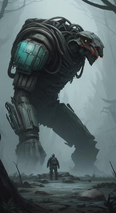 Dormant Stone Golem in Cyberpunk Forest