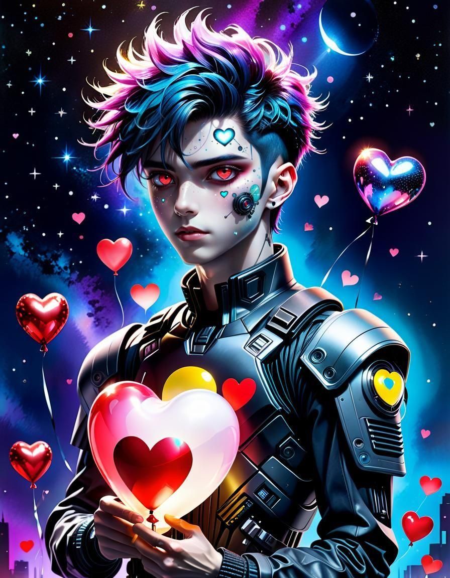 Cyberpunk Boy with Heart Balloon in Watercolor Style
