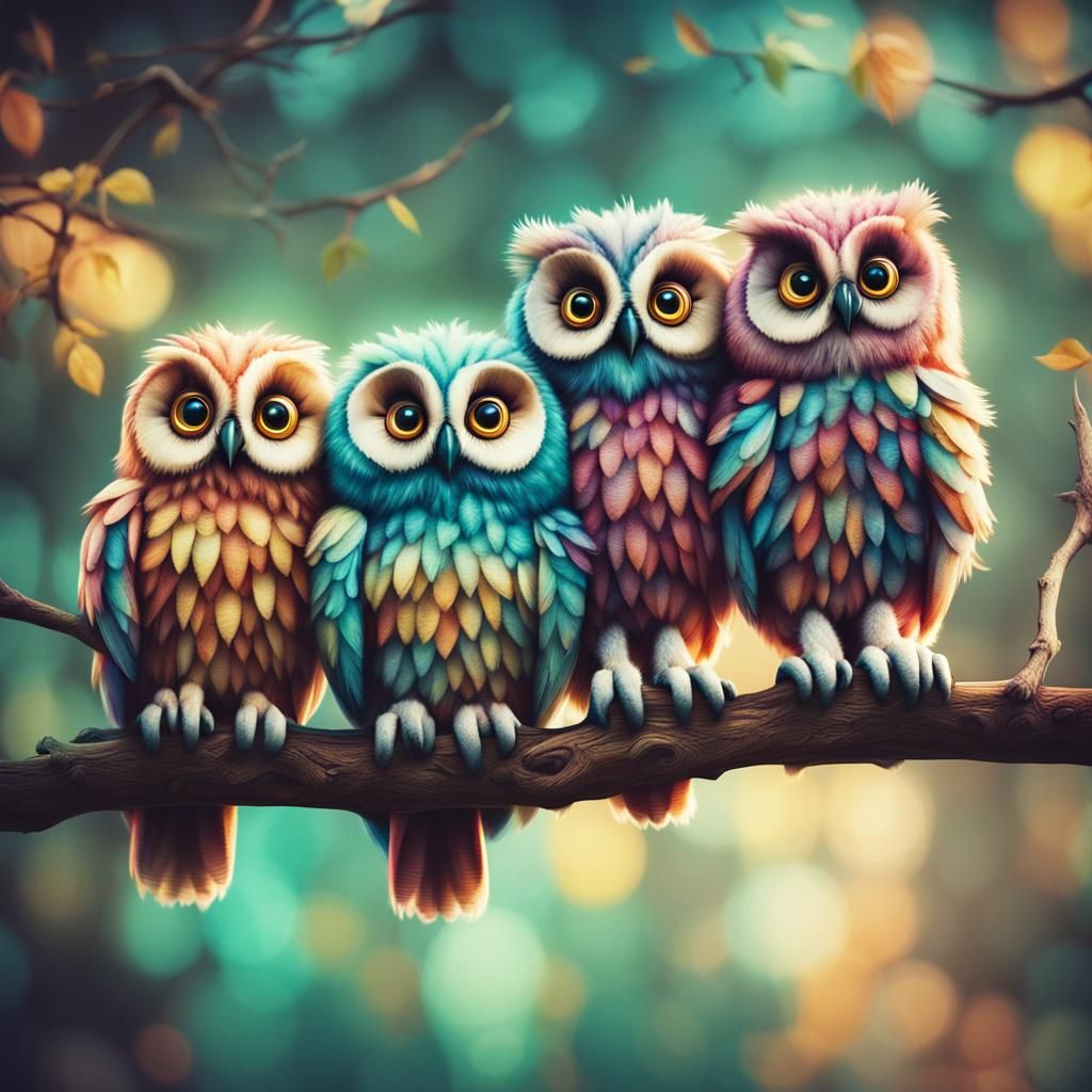 Colorful Fluffy Owls on Branch in Cinematic Style