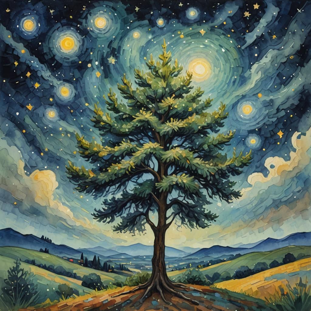 Lonely Tree in Starry Night: Gouache Impressionist Painting