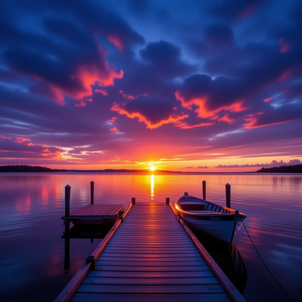 Vibrant Sunset Over Boat Dock with Swirling Clouds