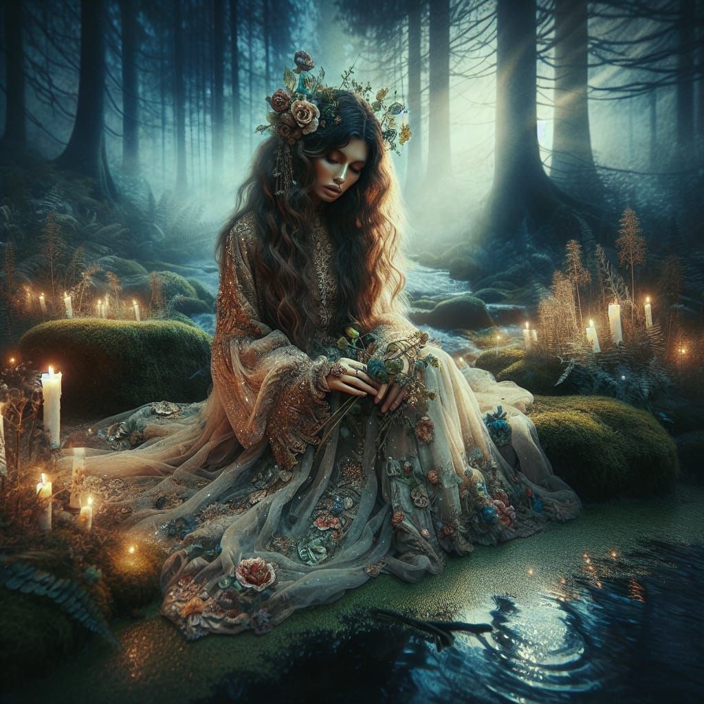 A melancholic woman sits by a mystical stream at twilight, h...