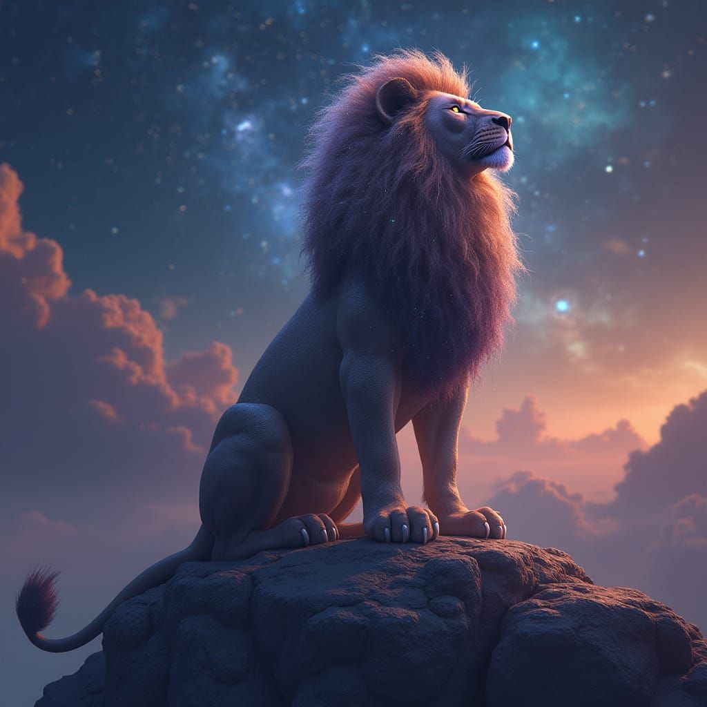 Stardust Lion Overlooking Nebula Sky: Cosmic Fantasy Art