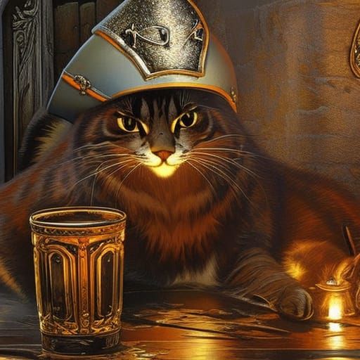 Pre-Raphaelite Cat Pirate Drinking Beer in Tavern