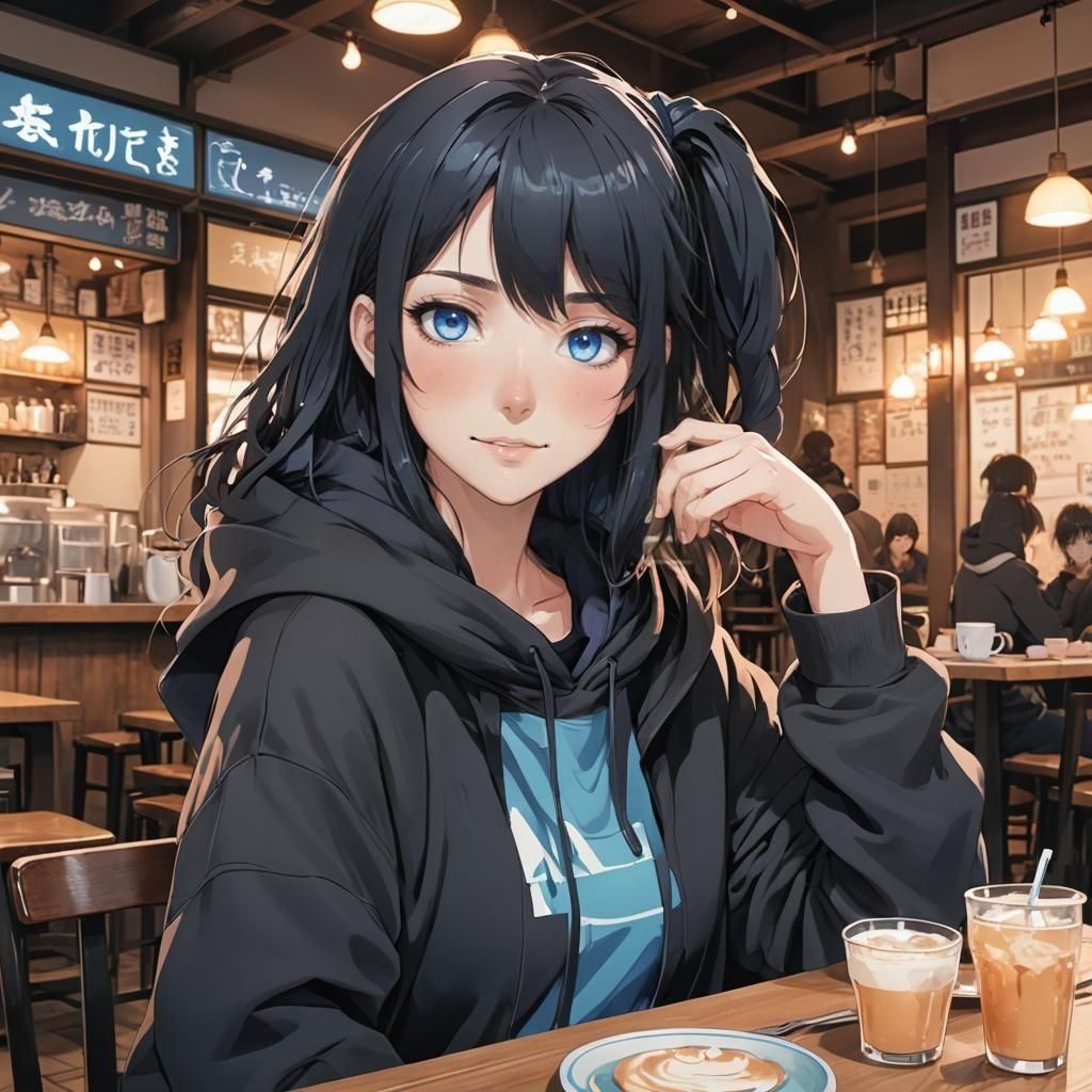 Anime Girl in Cafe with Baggy Hoodie