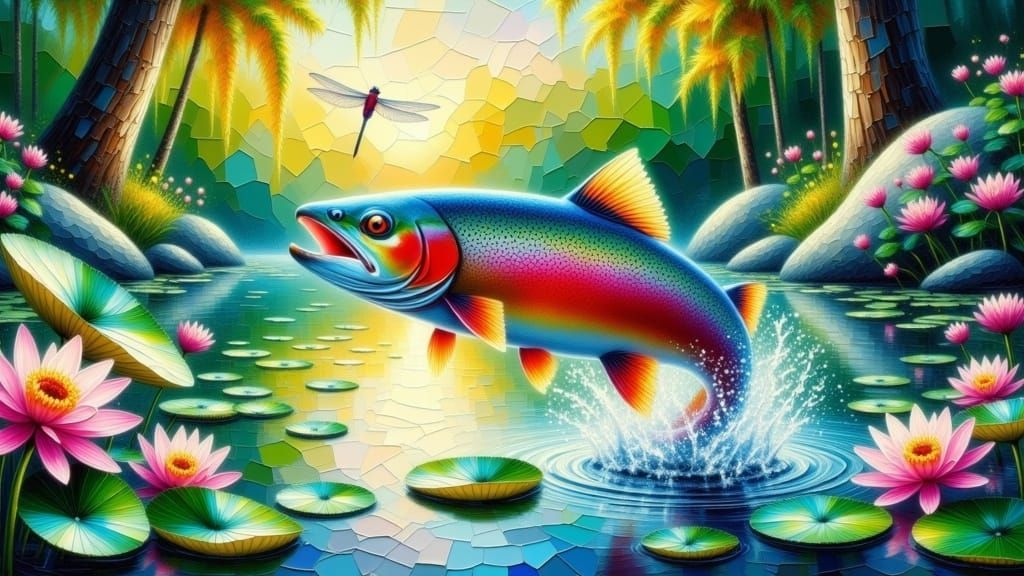 Rainbow Trout Leaps at Sunrise in Impasto Style