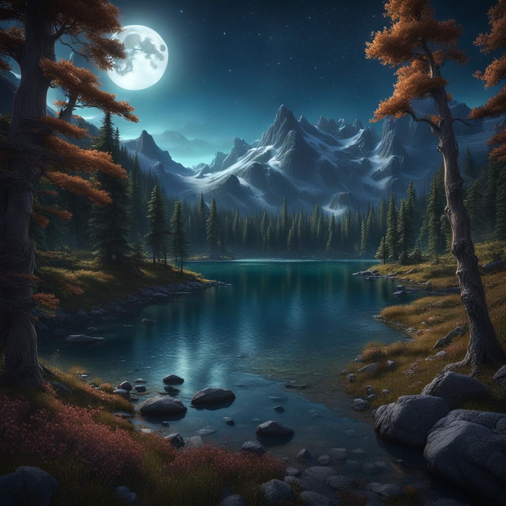 Moonlit Lake Surrounded by Mountains and Forest