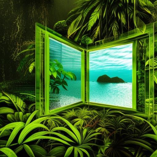 Hyperdetailed Jungle in Glass Cube by Stormy Ocean